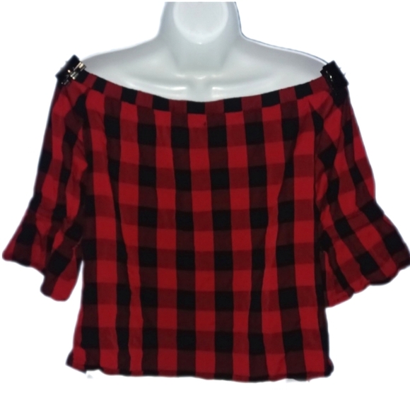 Hot Topic Plaid Off-Shoulder Top - Picture 4 of 5